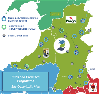 A map of Ceredigion and Powys indicating potential sites for development